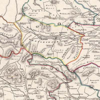 Alte Karte von Yorkshire von Samuel Lewis, 1844: Leeds, Sheffield, Bradford, Kingston upon Hull und York 