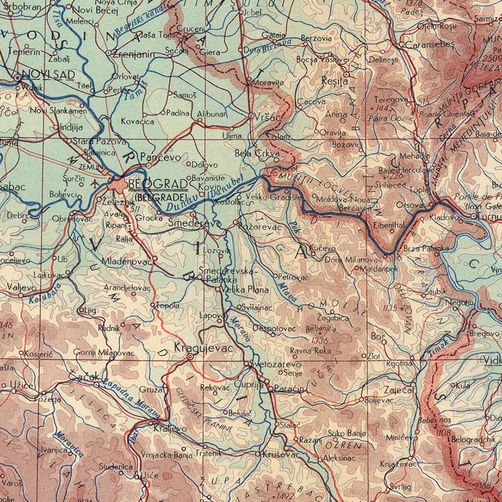 Carte du vieux monde de la Yougoslavie et des pays du Danube établie par le service topographique de l'armée polonaise, 1967 : carte politique et physique détaillée, encart de Belgrade, projection Mercator