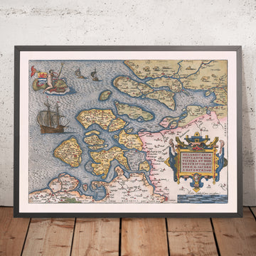 Mappa antica della Zelanda di Ortelius, 1584: Rotterdam, Anversa, Delft, Tritone, Navi a vela 