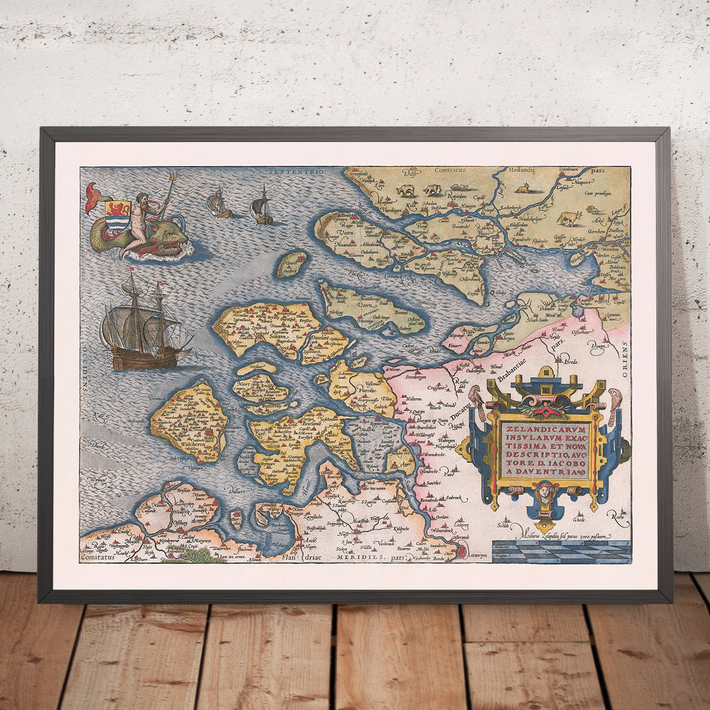 Mapa antiguo de Zelanda por Ortelius, 1584: Rotterdam, Amberes, Delft, Tritón, veleros