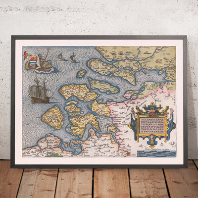 Mapa antiguo de Zelanda por Ortelius, 1584: Rotterdam, Amberes, Delft, Tritón, veleros