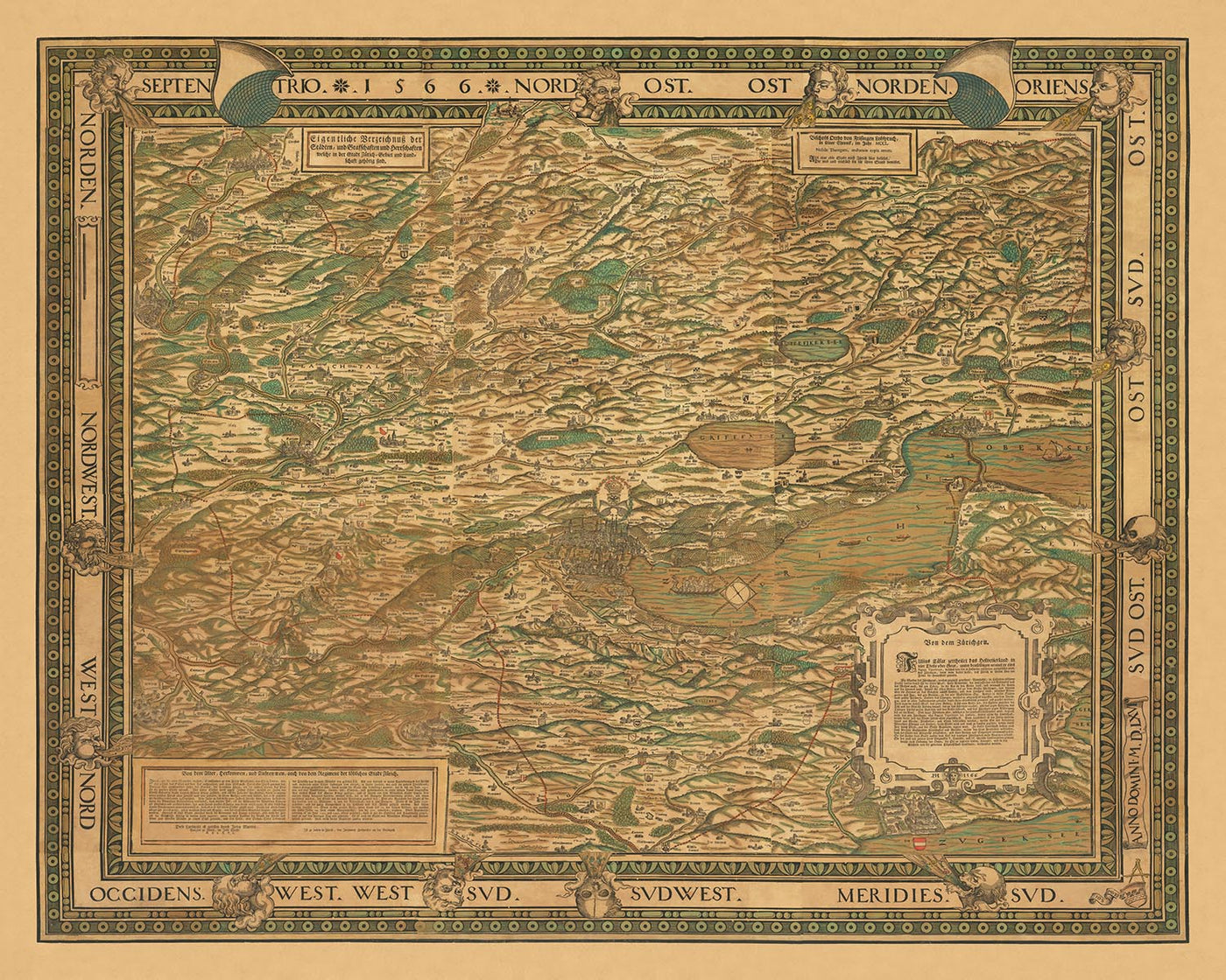 Ancienne carte picturale de Zurich par Murer, 1566 : Zurich, Winterthour, lac de Zurich, montagnes, têtes de vent