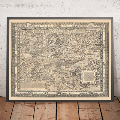 Old Monochrome Map of the Canton of Zurich by Murer, 1566: Winterthur, Lake Zurich, Mountains