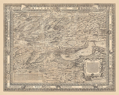 Alte Bildkarte von Zürich von Murer, 1566: Zürich, Winterthur, Zürichsee, Berge, Windköpfe