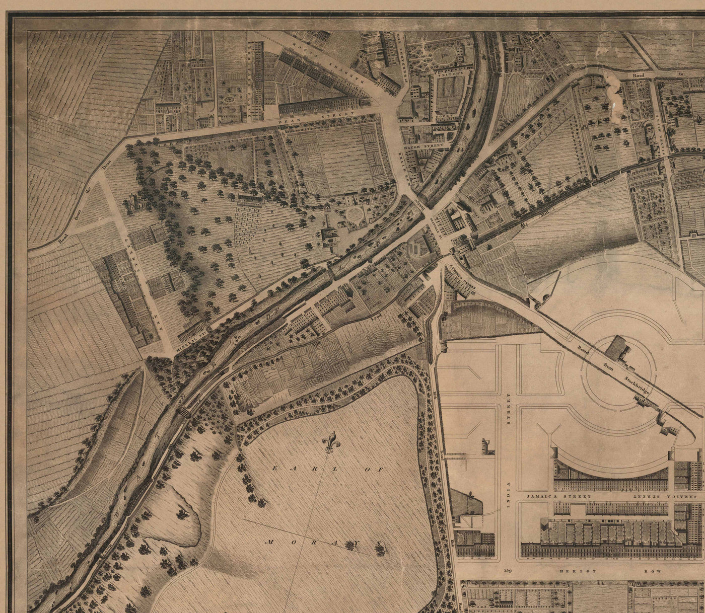 Ancienne carte de la nouvelle ville d'Édimbourg en 1821 par James Kirkwood - Calton Hill, Queen Street, York Place, Prince Street, Great King Street