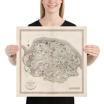 Antica mappa del Norfolk nel 1807 di John Cary - Norwich, Cromer, Great Yarmouth, Thetford, King&