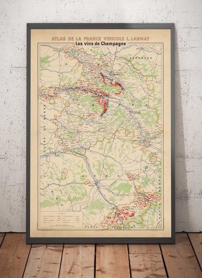 Old Champagne Vineyard Map, France, 1944 by Louis Larmat - Reims, Epernay, Troyes, Chatau-Thierry, Bar-Sur-Seine