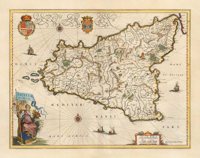 Old Map of Sicily in 1640 by Willem Blaeu - Palermo, Catania, Marsala, Mediterranean, Messina
