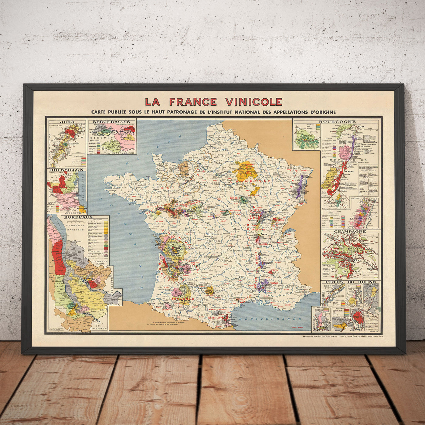 Old Map of Vineyards in France "La France Vinicole", 1939 - Bordeaux,  Bourgogne, Champagne,  Cotes Du Rhone, Bergeracois