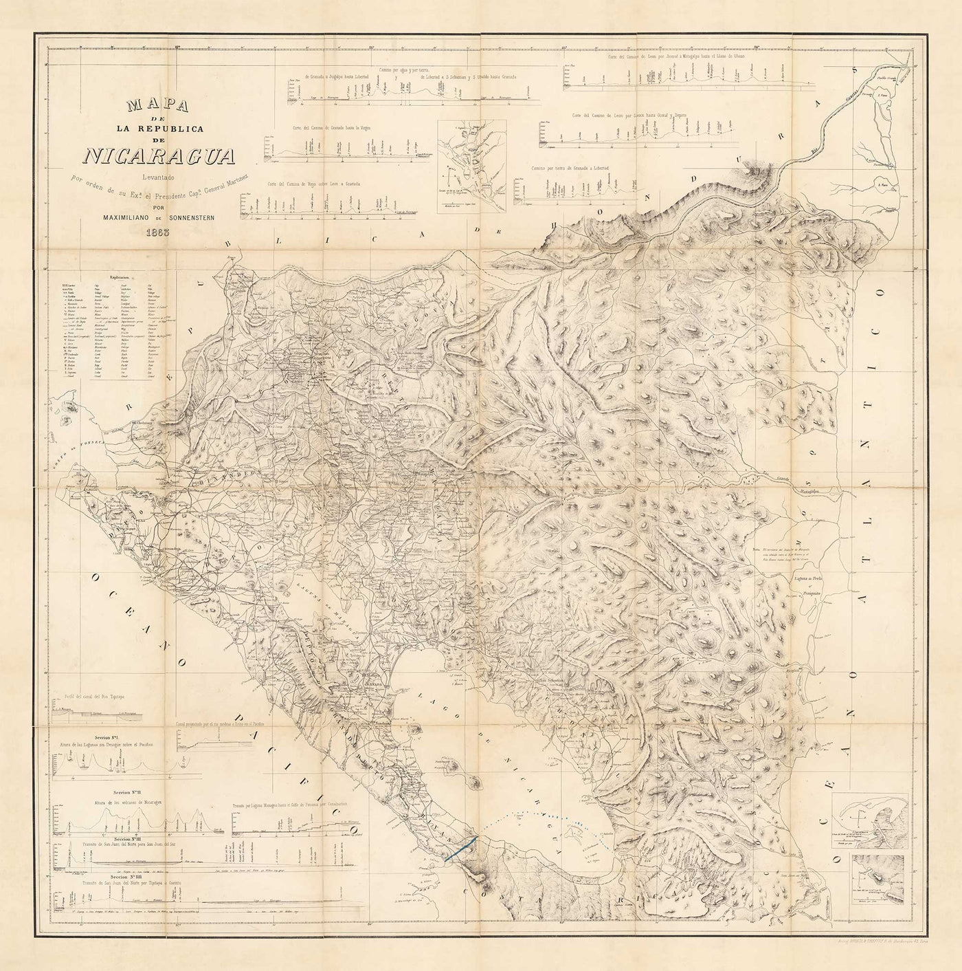 Old Map of Nicaragua in 1863 by Sonnestern - Managua, Leon, Chinandega, Esteli, Lake Nicaragua