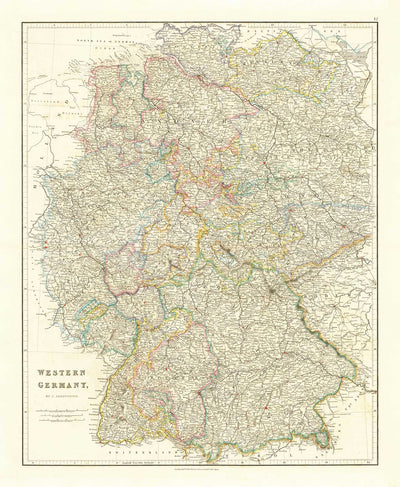 Old Map of Western Germany by John Arrowsmith in 1862 - Berlin, Munich, Stuttgart, Hanover, Nuremberg, Frankfurt