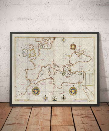 Old Arabic Map of Europe in 1525 by Piri Reis - France, Spain, United Kingdom, Turkey, Germany