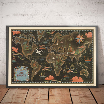 Mapa del mundo antiguo de Air France, 1947 de Lucien Boucher - Gráfico de pared de la ruta de los aviones grande - Arte de la aerolínea histórica