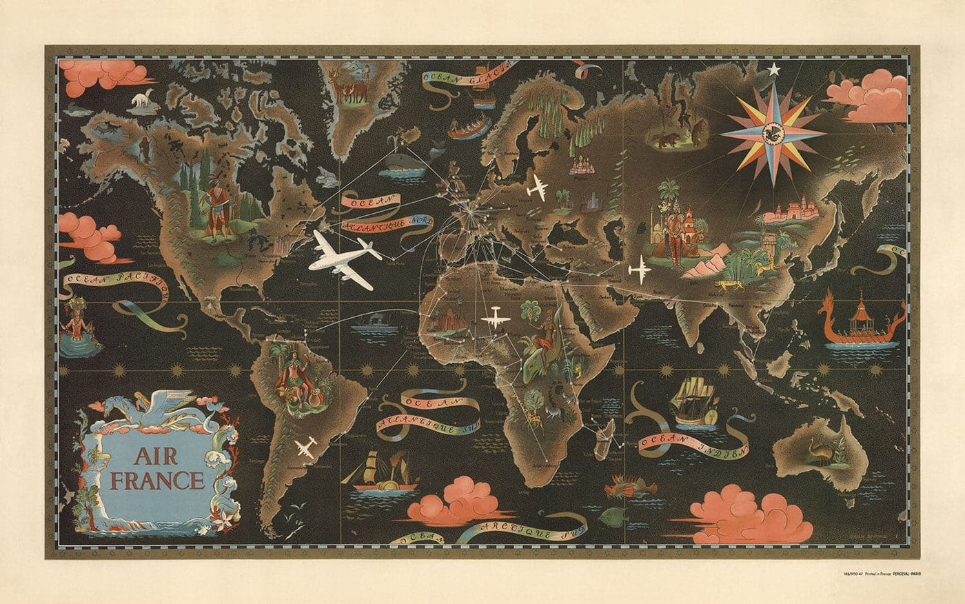 Old Air France World Map, 1947 by Lucien Boucher - Large Aircraft Route Wall Chart - Historical Airline Art