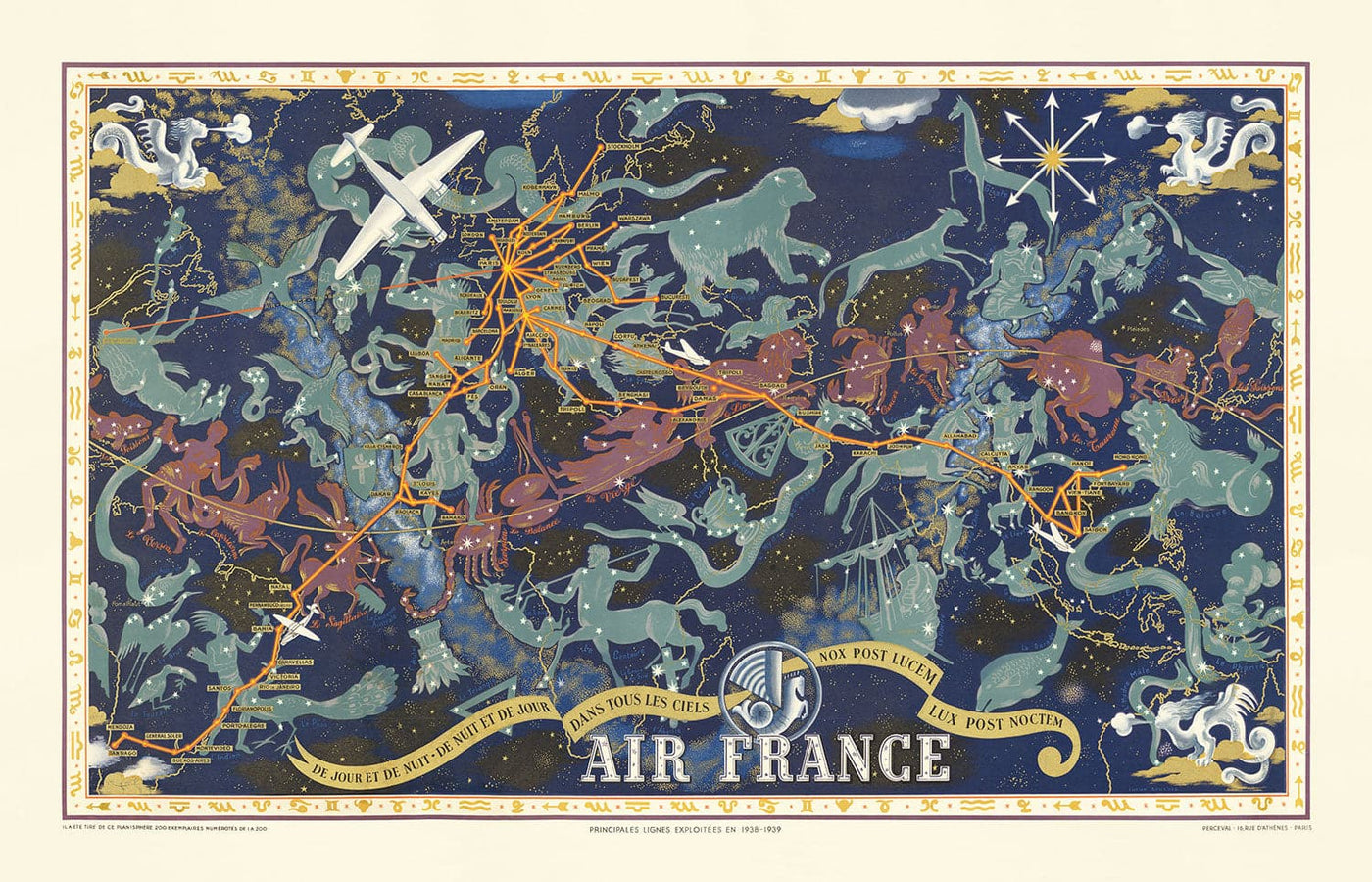 Old Air France Zodiac World Map, 1939 by Lucien Boucher - Historical Aircraft Route Celestial Wall Chart