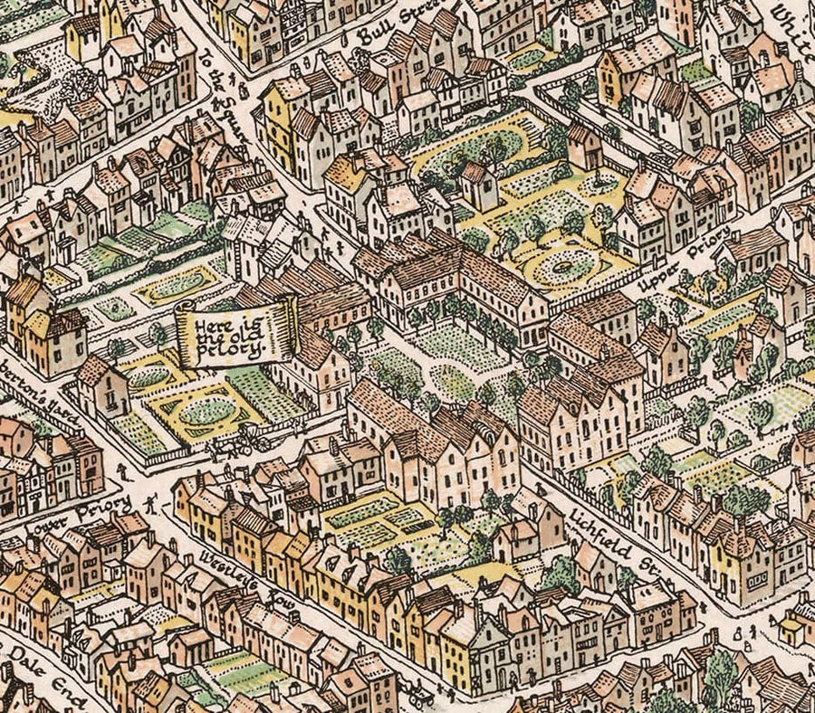 Antica mappa pittorica di Birmingham nel 1730 di Bernard Sleigh 