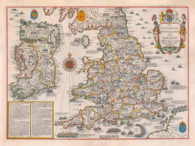 Old England And Ireland Map, 1676 - Invasions and Civil Wars Since 1066 - Antique Wall Art
