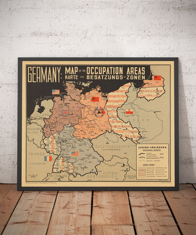 Old Post World War 2 Germany Map - East & West Germany Potsdam Conference Occupation Chart