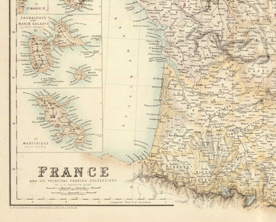 Alte Karte von Frankreich und seinen ausländischen Besitzungen, 1872 von Archibald Fullarton - Algerien, Französisch-Guayana, Korsika, die Alpen, Martinique