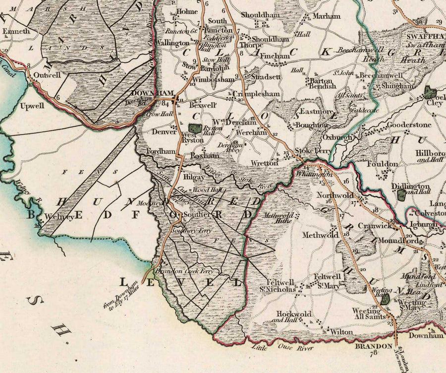 Antica mappa del Norfolk nel 1807 di John Cary - Norwich, Cromer, Great Yarmouth, Thetford, King&