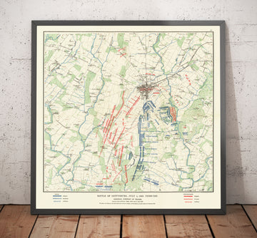 Old Map of the Battle of Gettysburg in 1900 by Julius Bien - North vs. South, Confederacy vs. Union Civil War Chart