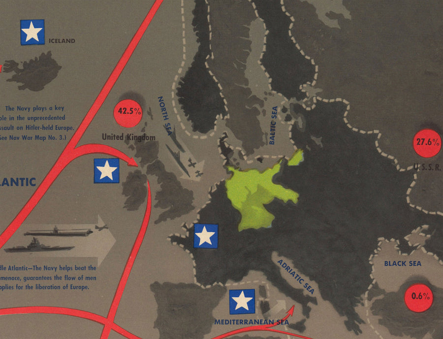 NAVWARMAP No. 6 - Old World War 2 MAP, 1944 - Mapa de la EDUCACIÓN Y PROPAGANDA de la Marina de los EE. UU. - Aliados marítimos contra la tabla de pared nazi