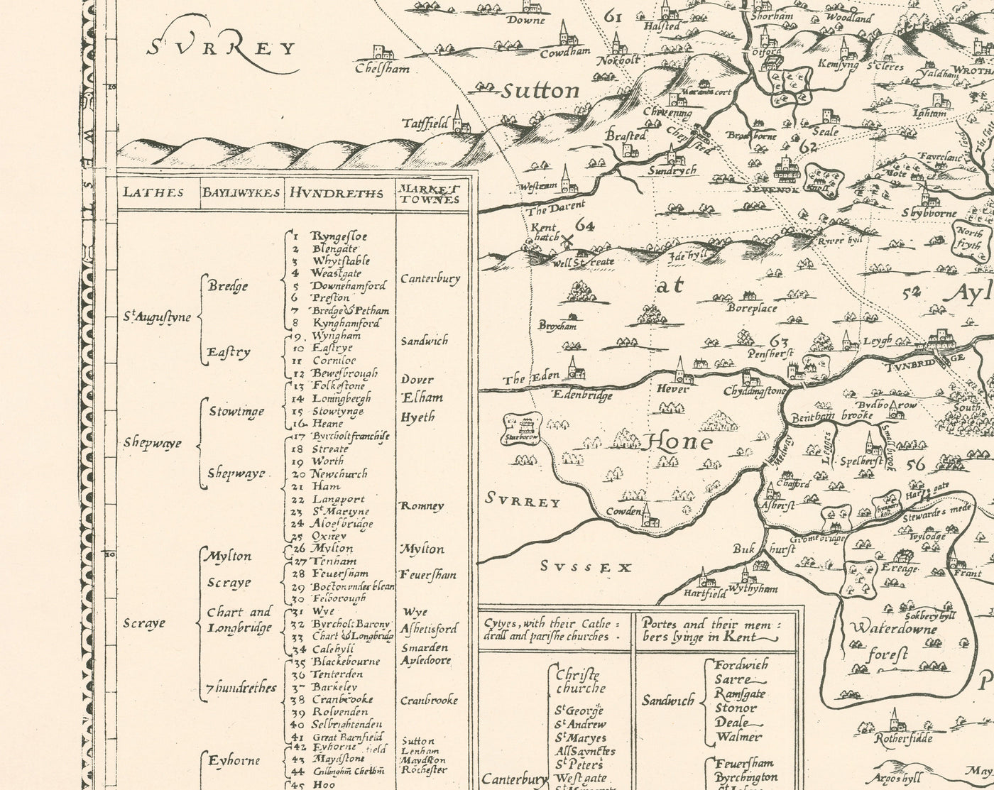 Old map of Kent in 1596 by Philip Symonson - Dartford, Maidstone, Bromley, Tunbridge, Gillingham, Chatham