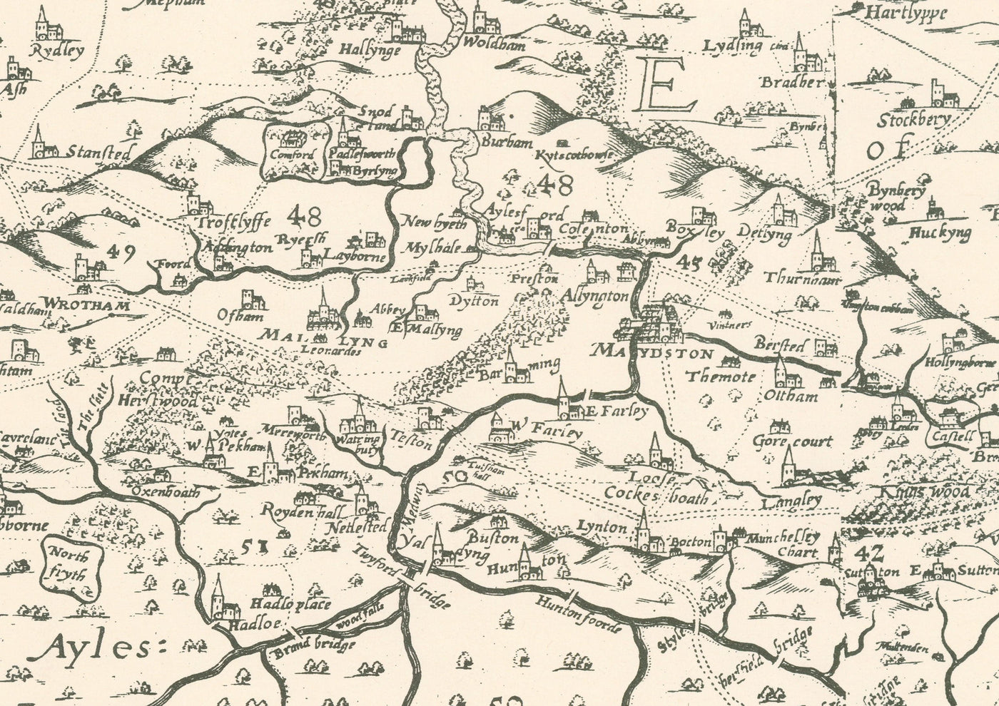 Old map of Kent in 1596 by Philip Symonson - Dartford, Maidstone, Bromley, Tunbridge, Gillingham, Chatham