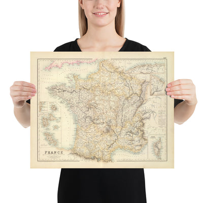 Carte ancienne de la France et de ses possessions étrangères, 1872 par Archibald Fullarton - Algérie, Guyane française, Corse, Alpes, Martinique