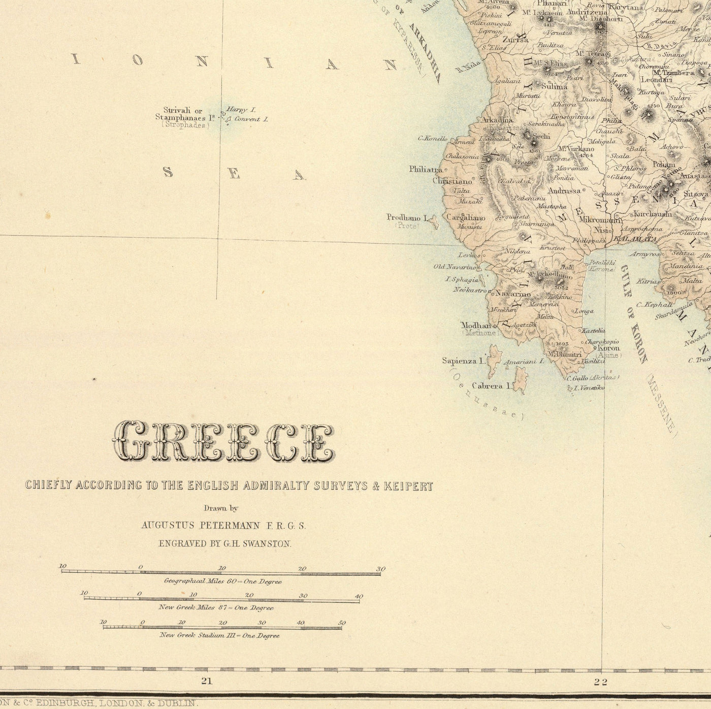 Antiguo mapa de Grecia en 1872 por Archibald Fullarton - Atenas, El Pireo, Kalamata, Patras, Nauplia