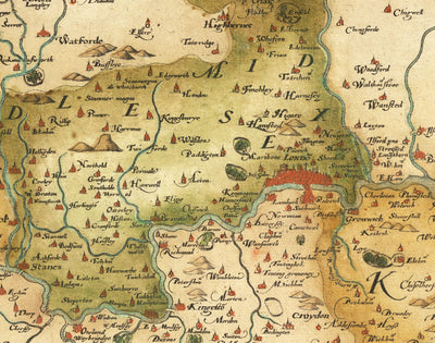 Old Map of Southeast England in 1575 by Saxton - Rare First Map of London, Kent, Sussex, Surrey, Middlesex