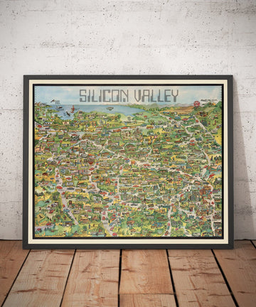 Mappa Antica della Silicon Valley, 1982 - Carta Pittorica di Mountainview, Sunnyvale, Cupertino, San Jose, Fremont 