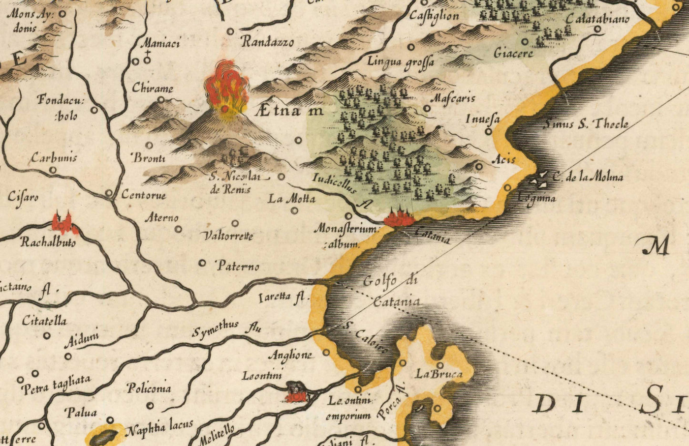 Mapa antiguo de Sicilia en 1640 por Willem Blaeu - Palermo, Catania, Marsala, Mediterráneo, Messina