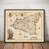 Antica mappa della Sicilia nel 1640 di Willem Blaeu - Palermo, Catania, Marsala, Mediterraneo, Messina 
