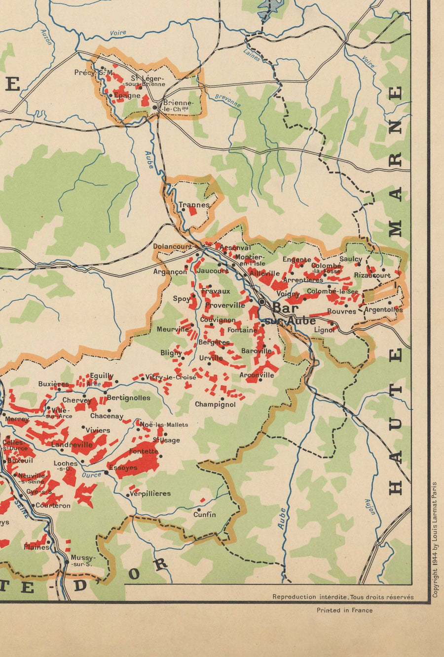 Mappa del vecchio vigneto di Champagne, Francia, 1944 di Louis Larmat - Reims, Epernay, Troyes, Chateau-Thierry, Bar-Sur-Seine 