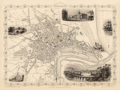 Old Map of Aberdeen, Scotland in 1851 by Tallis & Rapkin