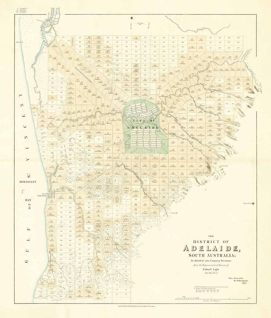 Mappa antica di Adelaide, Australia Meridionale di John Arrowsmith, 1839 - Brighton, Port, Norwood, Spiaggia di Glenelg 