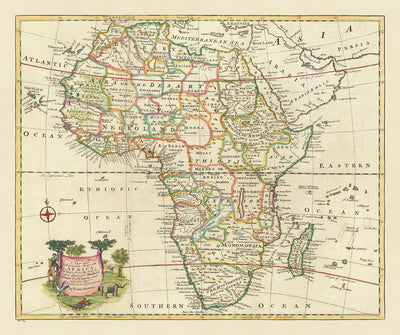 Rare Old Map of Africa, 1747 by Emanuel Bowen - Pre-Colonial, Handcoloured - Slave Trade, Negroland, Ethiopia, Barbary, Nubia