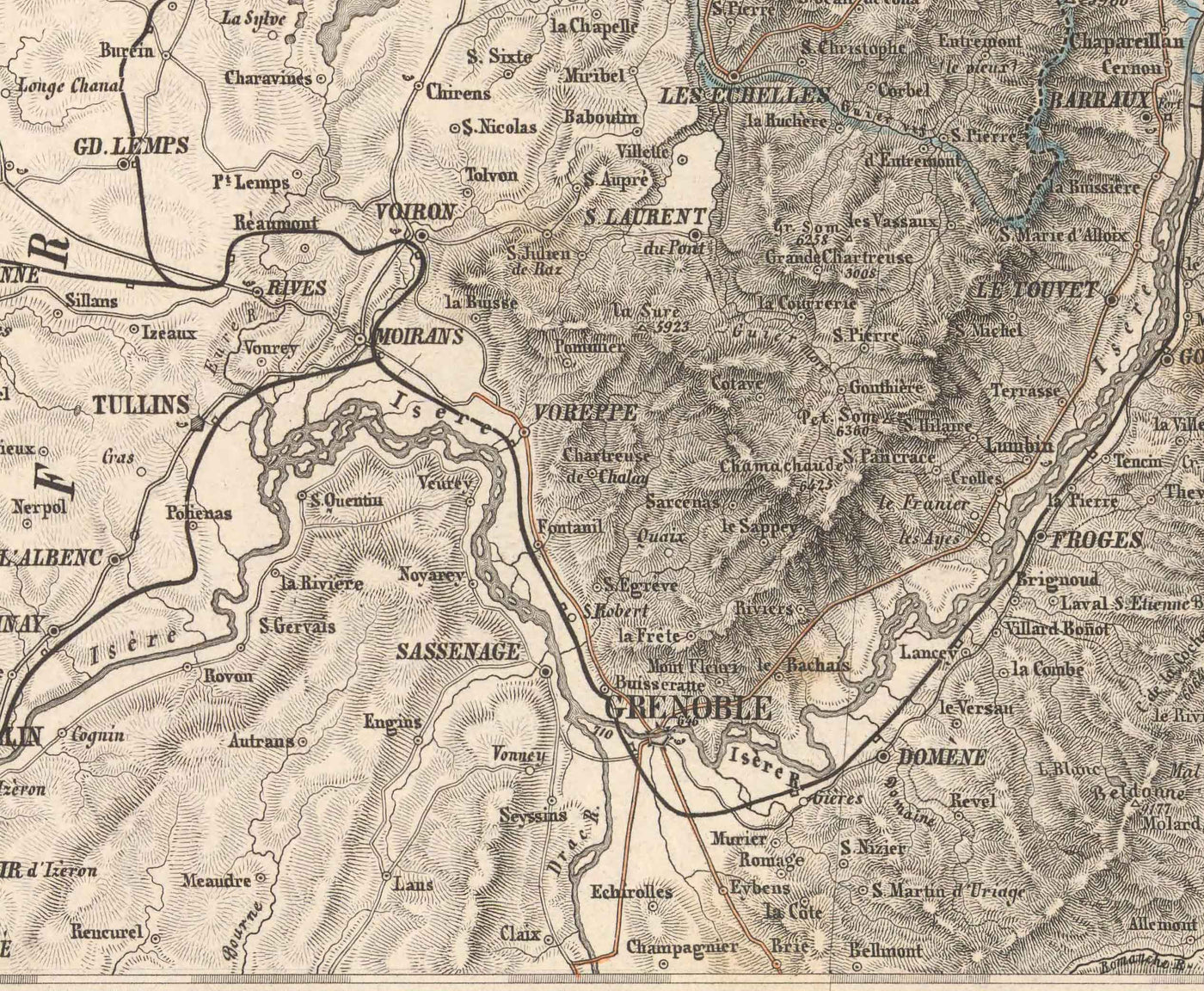 Old Map of the Alps in 1874 by Johann Mayr - Matterhorn, Mont Blanc, Geneva, Rhone, Lausanne, Grenoble, Sierre