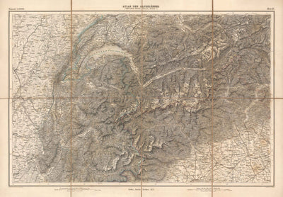 Old Map of the Alps in 1874 by Johann Mayr - Matterhorn, Mont Blanc, Geneva, Rhone, Lausanne, Grenoble, Sierre