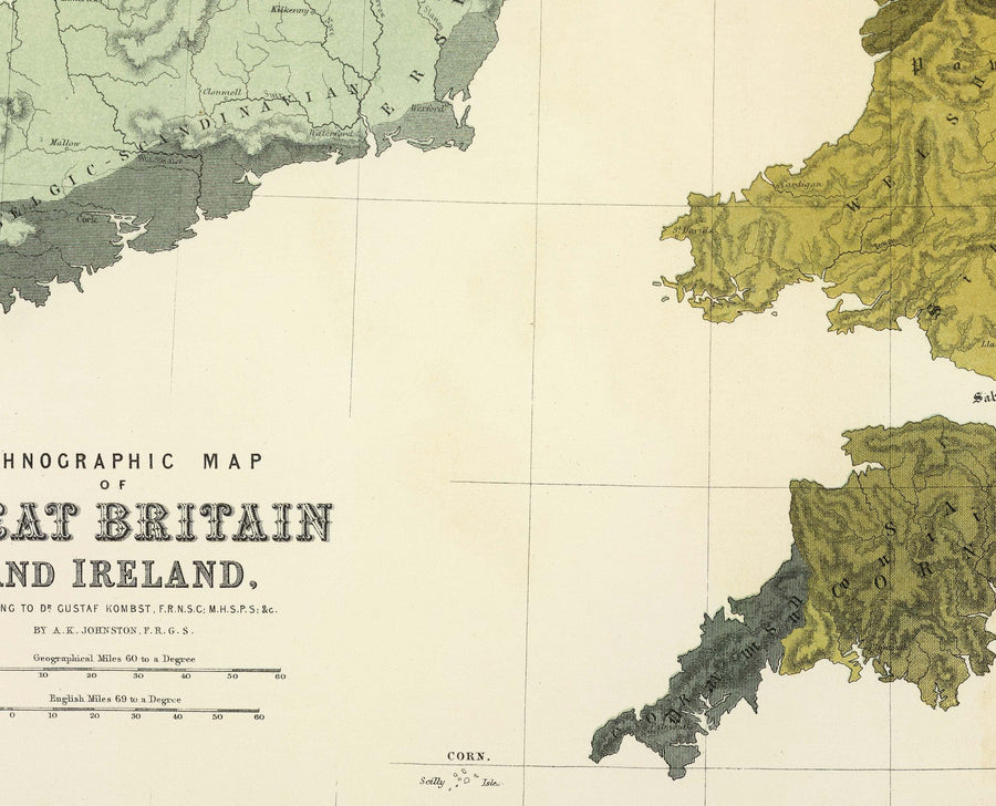 Mappa Antica della Gran Bretagna, 1856 - Galles, Erse, Irlanda Gaelica, Pitti, Tribù Celtiche dell&