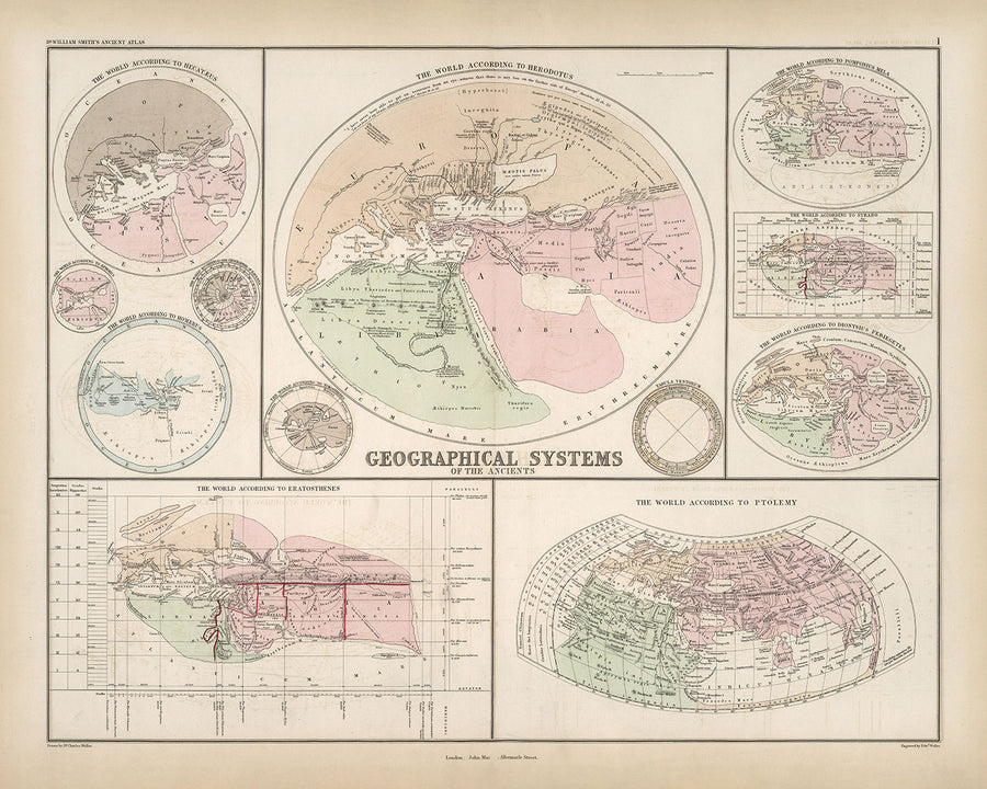 Sistemi Geografici Antichi di William Smith nel 1874 - Erodoto, Tolomeo, Ecatone, Mappe del Mondo di Eratostene 