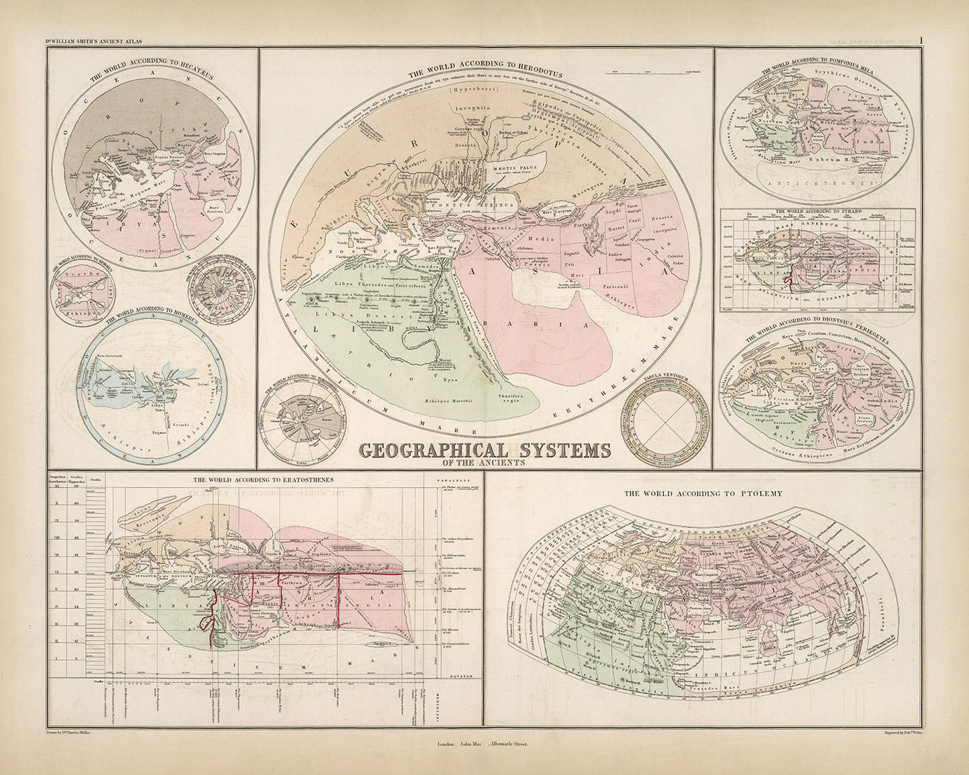 Ancient Geographical Systems by William Smith in 1874 - Herodotus, Ptolemy, Hecataeus, Eratosthenes World Maps