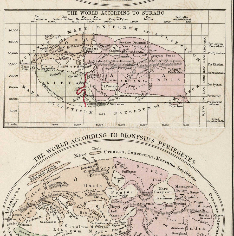 Sistemi Geografici Antichi di William Smith nel 1874 - Erodoto, Tolomeo, Ecatone, Mappe del Mondo di Eratostene 