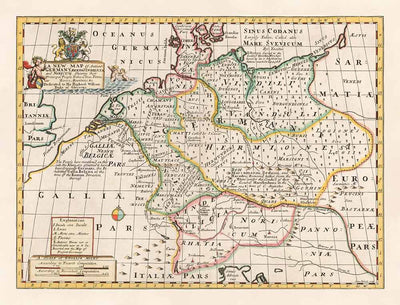Old Map of Ancient Germany, 1712 - Germania, Germanic Tribes, Noricum, Raetia, Austria, Switzerland, Poland, Denmark