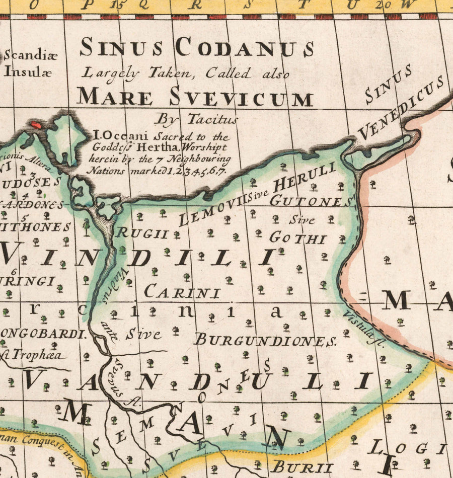 Mappa Antica della Germania, 1712 - Germania, Tribù Germaniche, Norico, Rezia, Austria, Svizzera, Polonia, Danimarca 