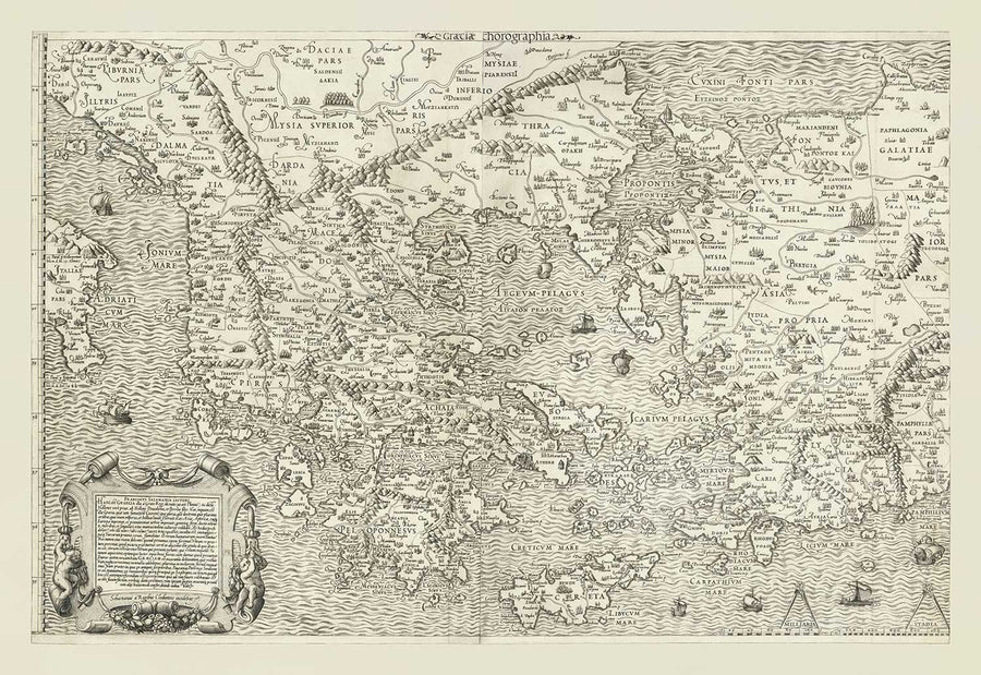 Antica mappa della Grecia, 1558 di Salamanca - Macedonia, Balcani, Creta, Rodi, Turchia, Corfù 