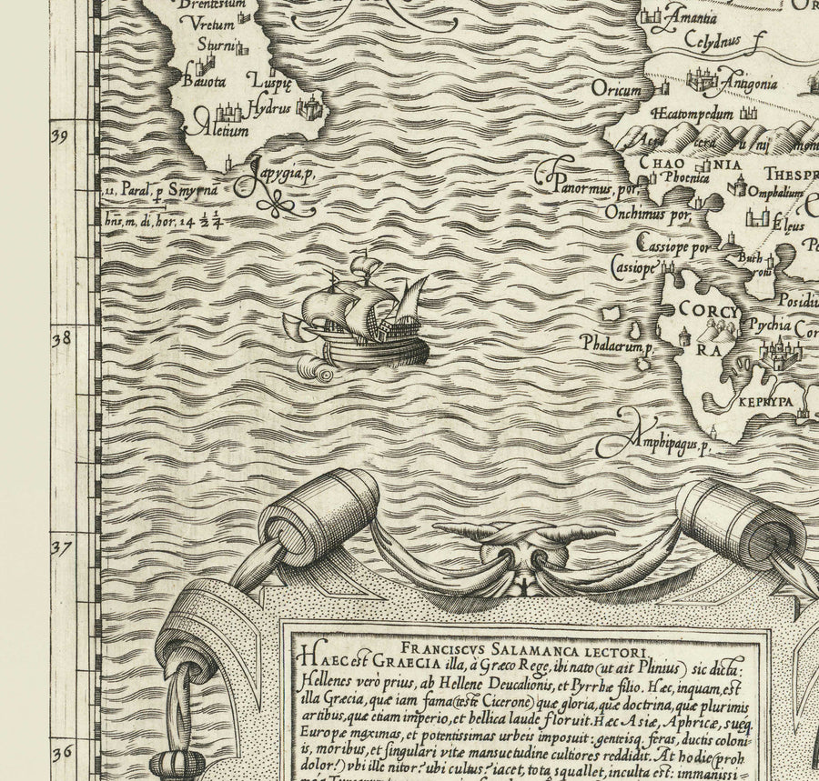 Antica mappa della Grecia, 1558 di Salamanca - Macedonia, Balcani, Creta, Rodi, Turchia, Corfù 