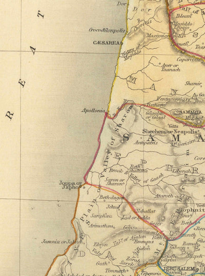 Old Map of Ancient Palestine in 1851 - Holy Land, Canaan, Jerusalem, Judea, Samaria, Galilee, Israel, West Bank, Gaza