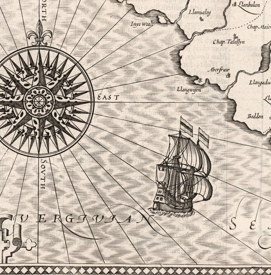 Antica mappa monocromatica di Anglesey, Galles, 1611 di John Speed - Holyhead, Llanfairpwllgwyngyll, Bangor 